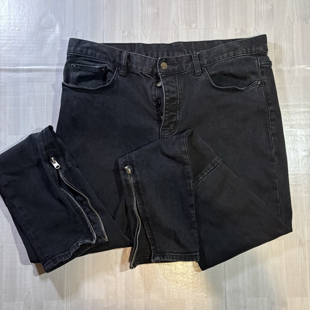 MNML Jeans Mens 36x33 Black Distressed Skinny Stretch Ankle Zippers Denim